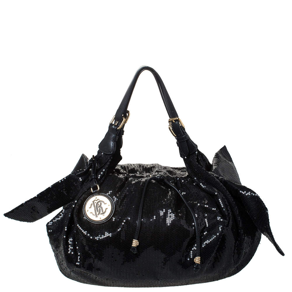 Pre Owned Roberto Cavalli Black Sequin Bow Drawstring Hobo