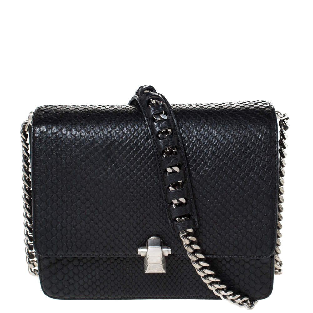 مملوكة مسبقًا حقيبة كتف روبرتو كافالي "هيرا" قلاب جلد ثعبان أسود 