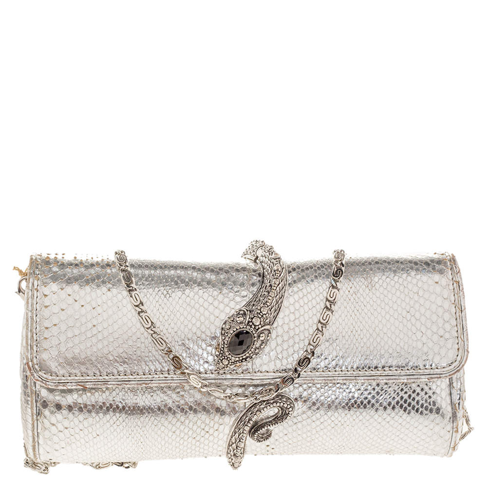 Pre Owned Roberto Cavalli Metallic Silver Snakeskin Serpent Chain Clutch