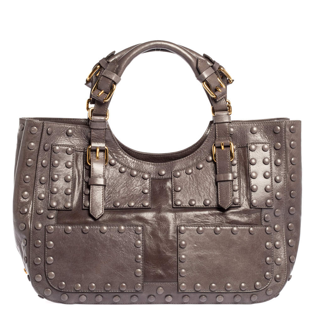 Pre Owned حقيبة ساتشل روبرتو كافالي مرصعة جلد رمادية
