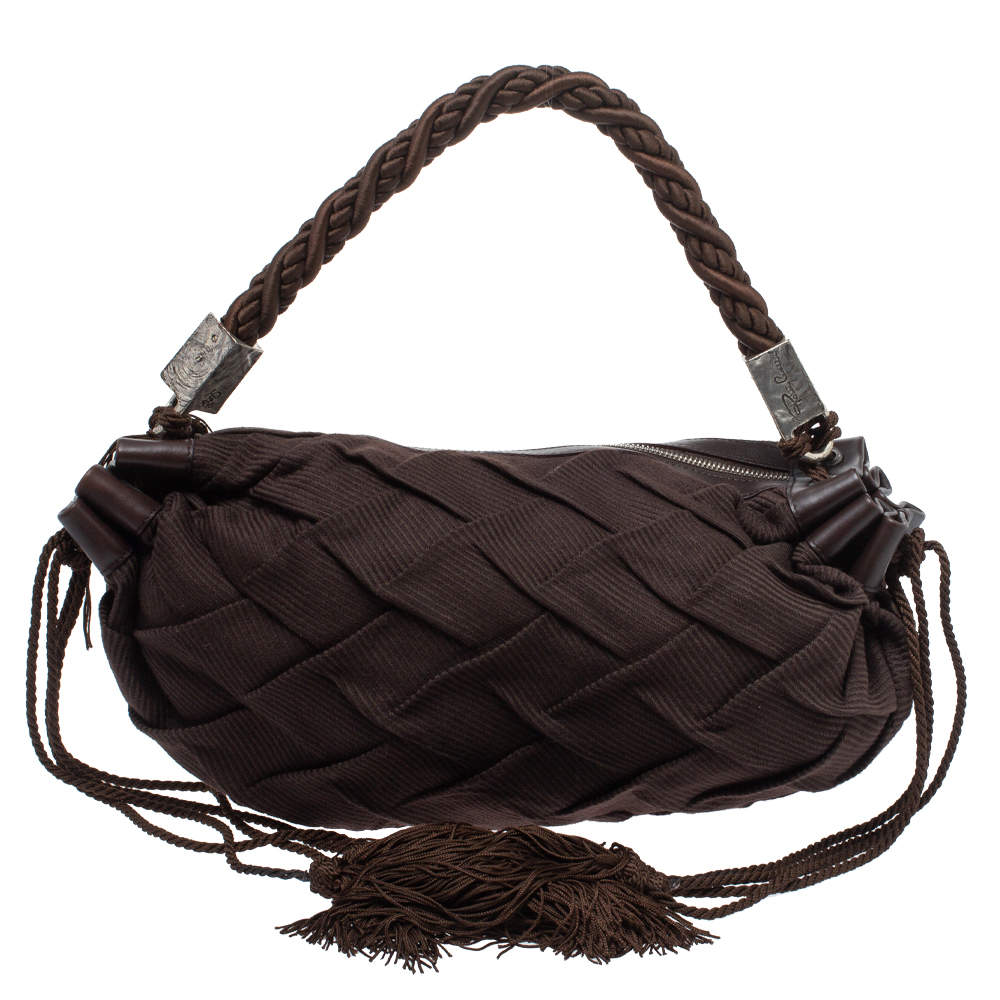 Pre Owned Roberto Cavalli Dark Brown Pleated Fabric and Leather Tassel Hobo