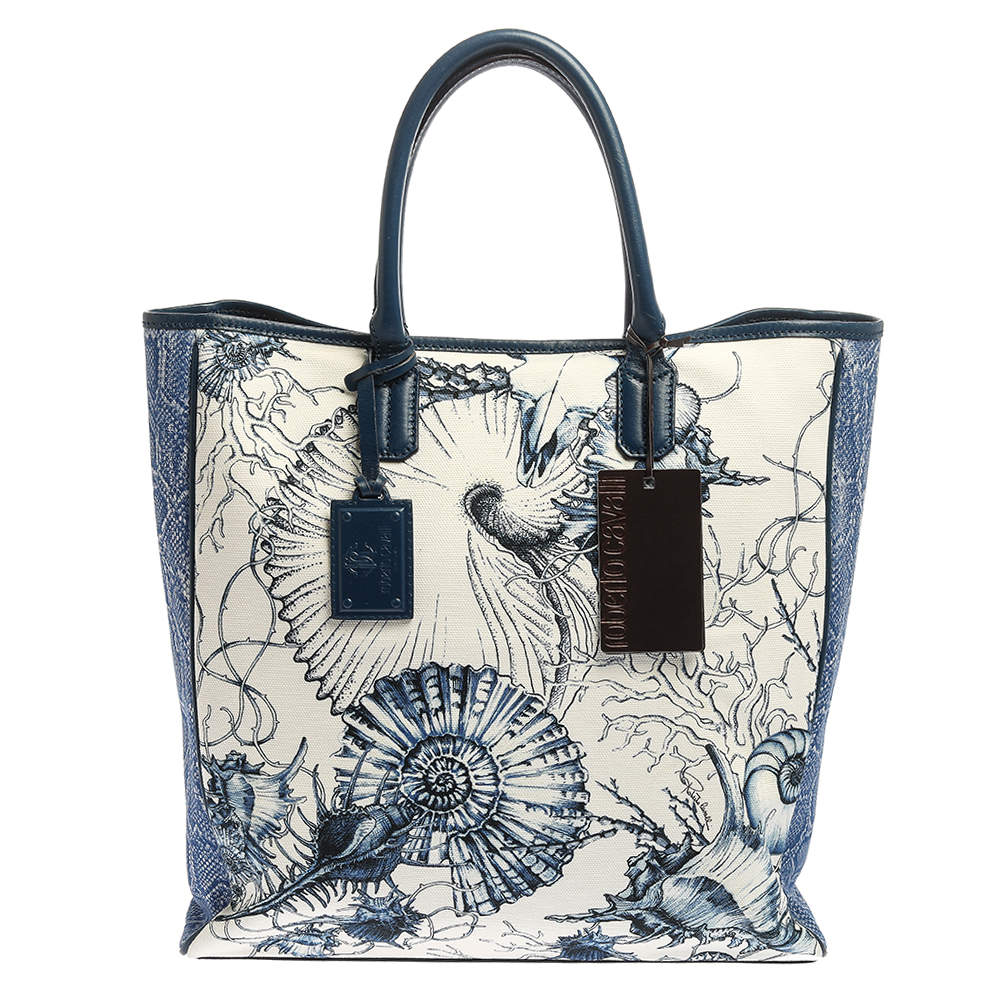 Pre Owned Roberto Cavalli Blue/White Printed Canvas and Leather Shopper Tote