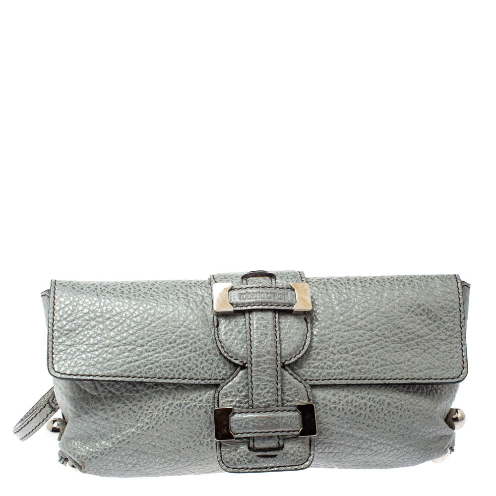 Roberto Cavalli Silver Grained Leather Metal Flap Clutch