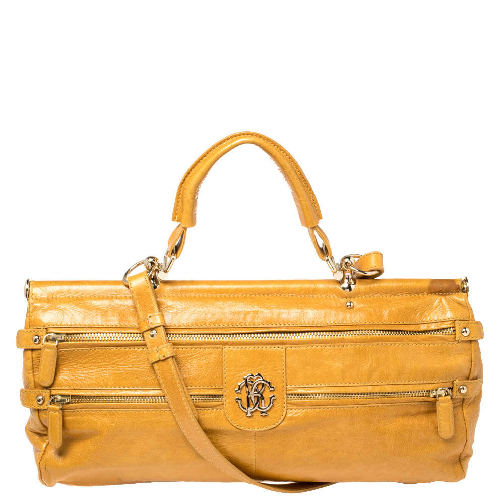 Roberto Cavalli Mustard Yellow Leather Mini Diva Top Handle Bag