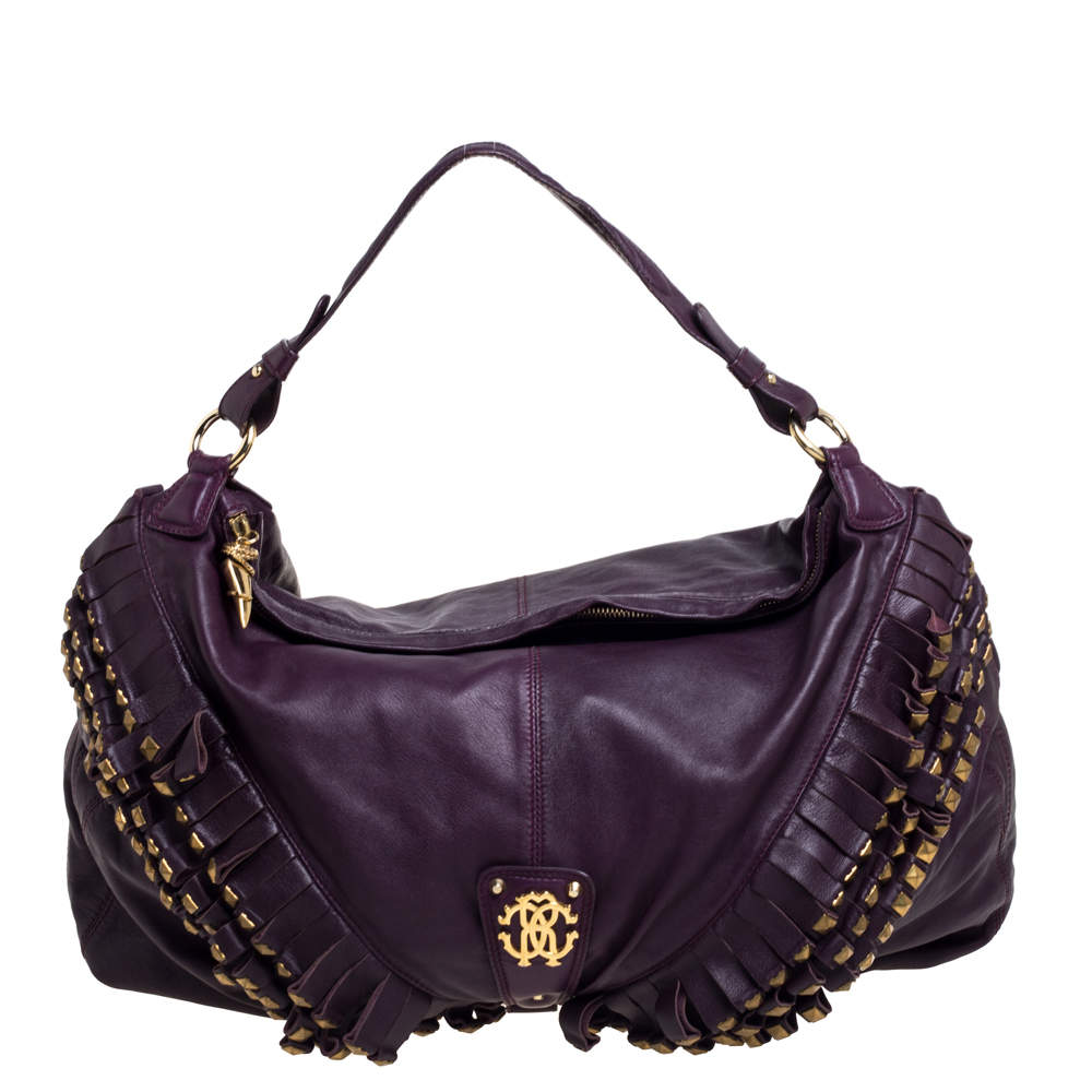Pre Owned Roberto Cavalli Purple Leather Studded Fringe Hobo
