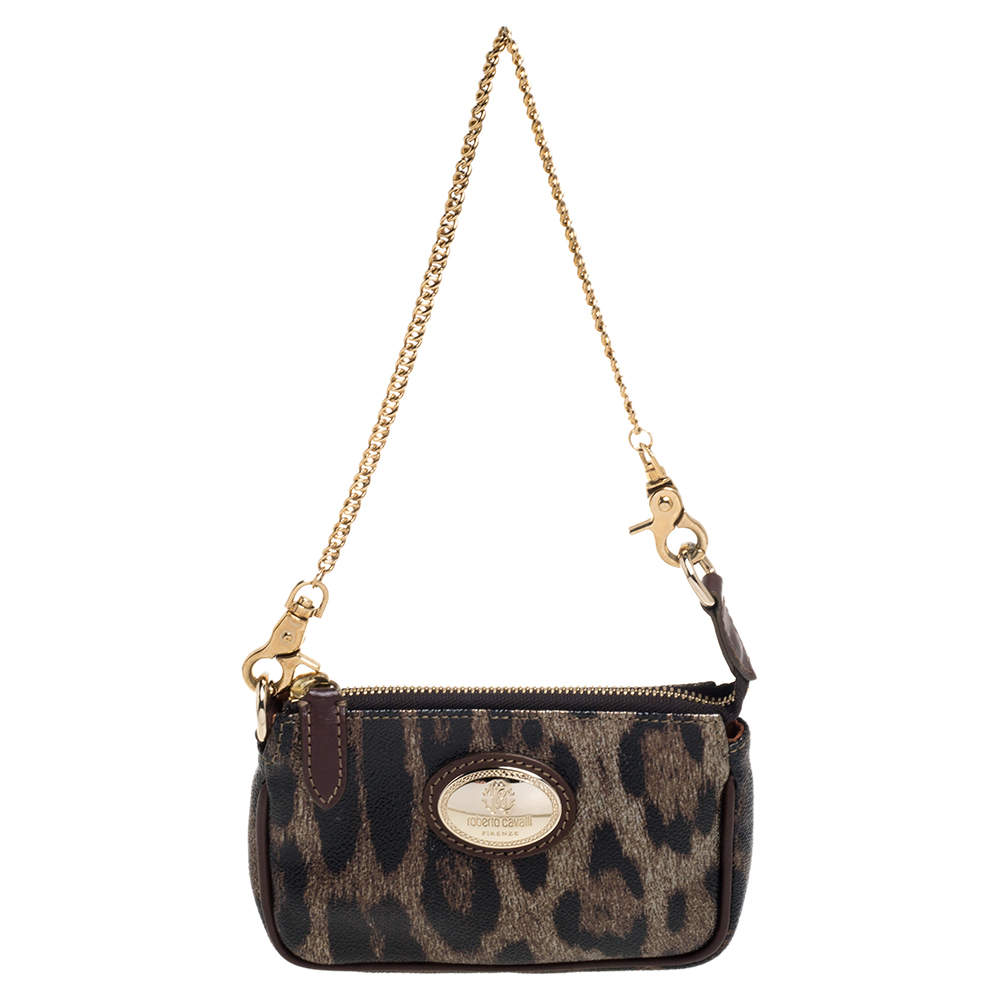 Roberto Cavalli Brown/Gold Leopard Print Coated Canvas and Leather Pochette