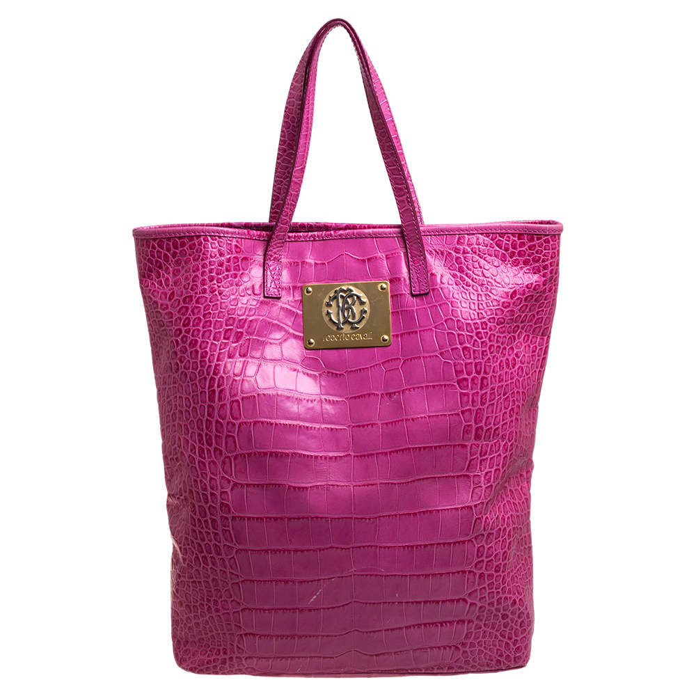 Pre Owned حقيبة يد روبرتو كافالي شوبر جلد نقشة التمساح وردي