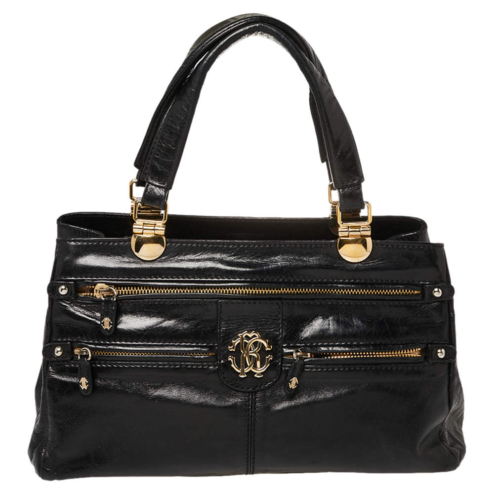 Pre Owned Roberto Cavalli Black Glazed Leather RC Logo Tote