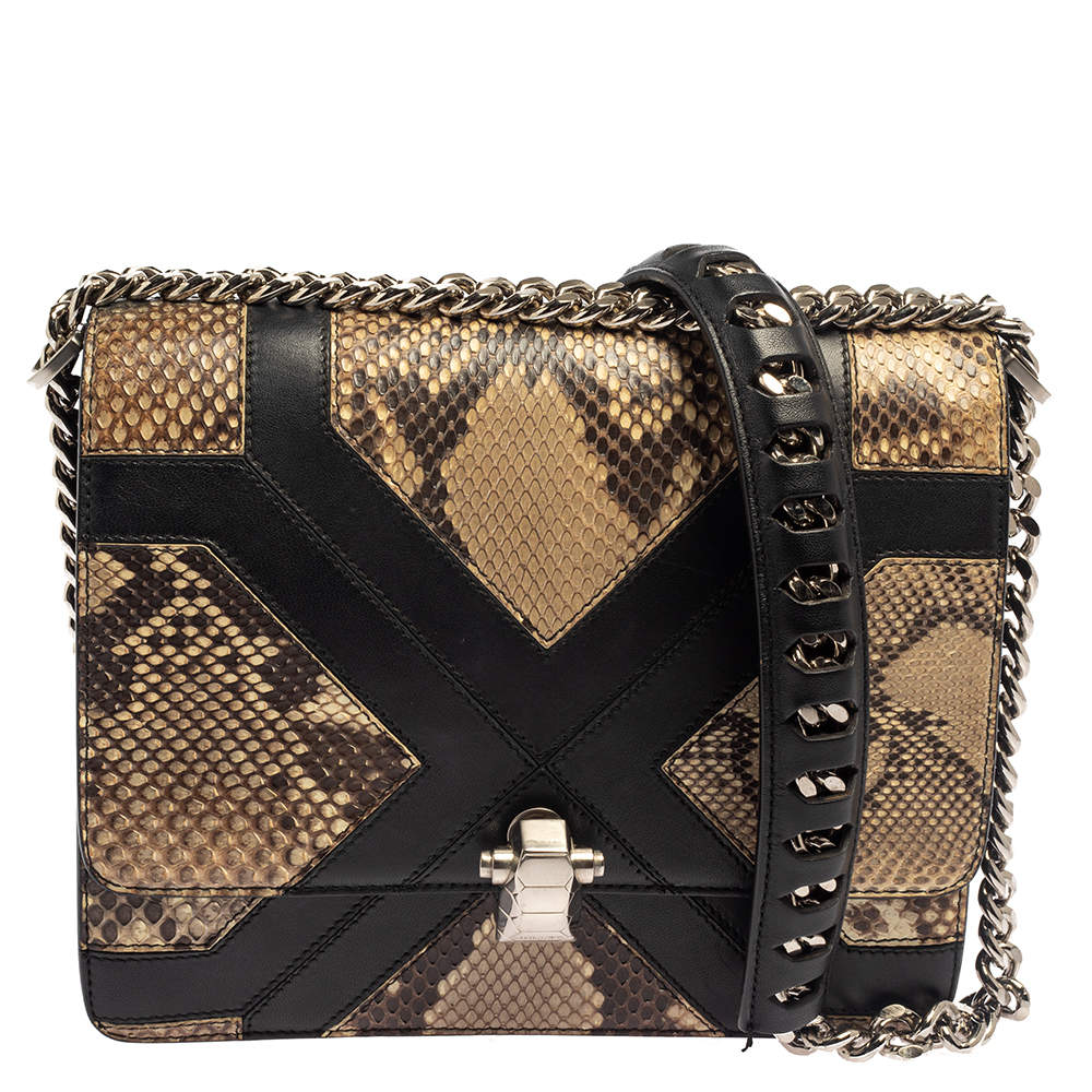 Pre Owned حقيبة كتف روبرتو كافالي "هيرا" جلد وجلد ثعبان أسود/بيج قلاب 