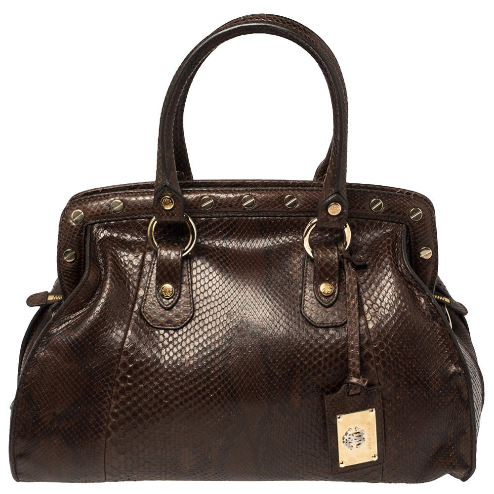 مملوكة مسبقًا حقيبة ساتشل روبرتو كافالي جلد ثعبان مرصع بني