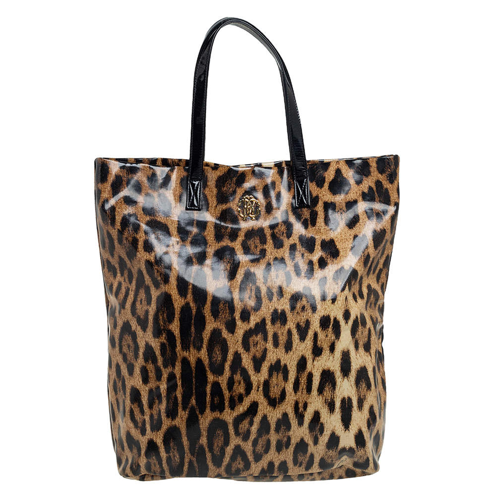 Pre Owned Roberto Cavalli Beige/Black Leopard Print Coated Canvas Tote