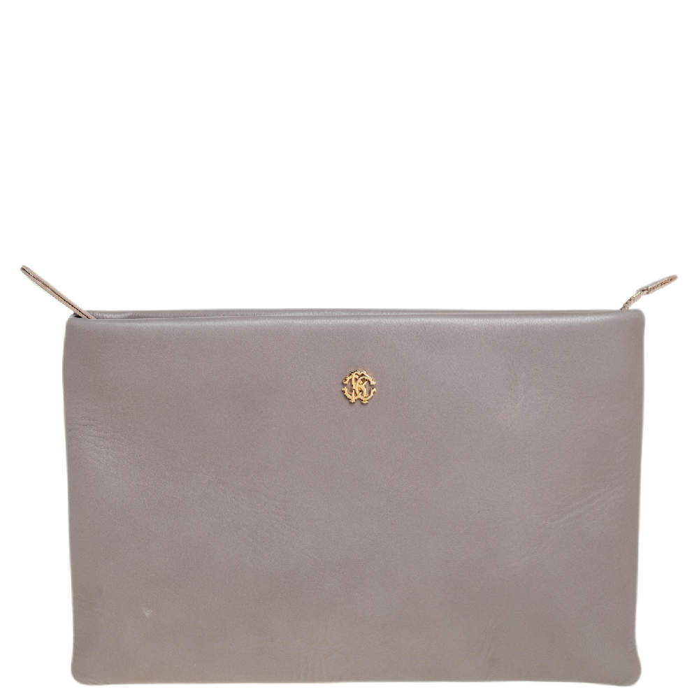 Pre Owned حقيبة روبرتو كافالي جلد رصاصي بسحاب