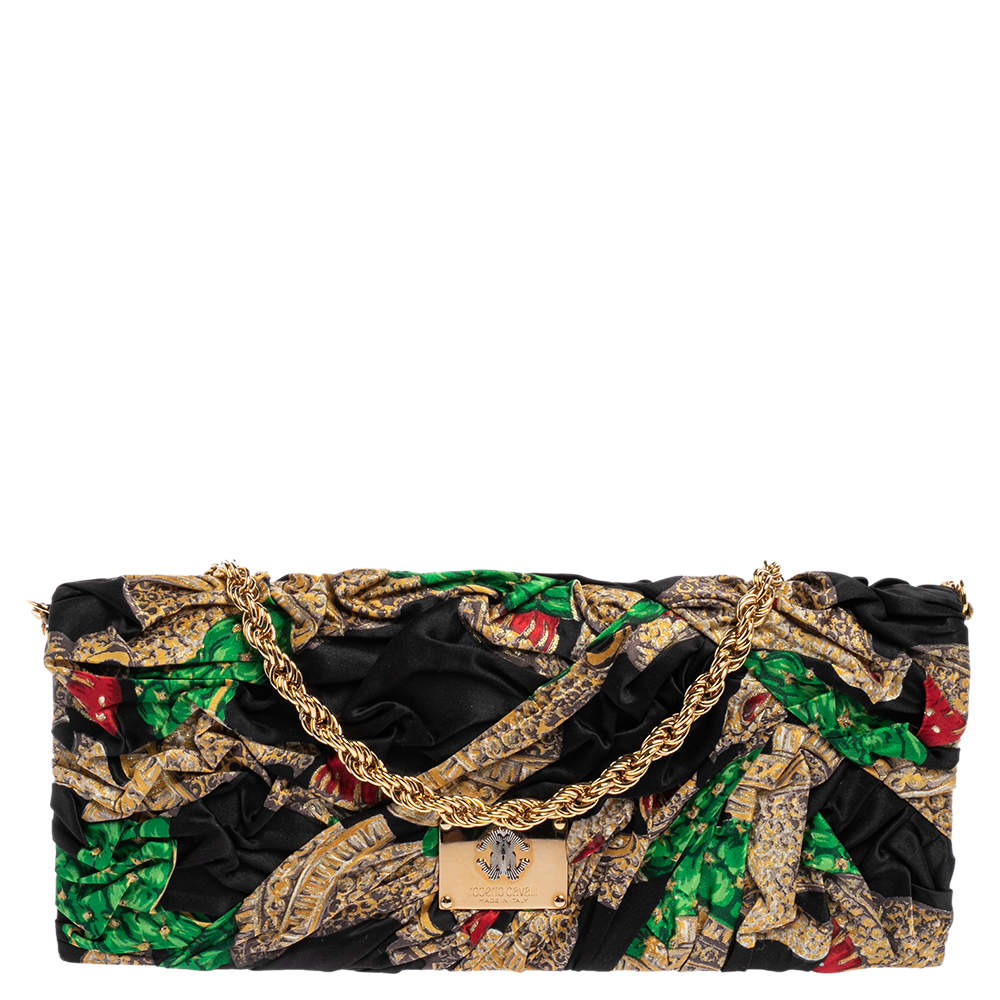 Pre Owned Roberto Cavalli Multicolor Printed Satin Pleated Chain Clutch