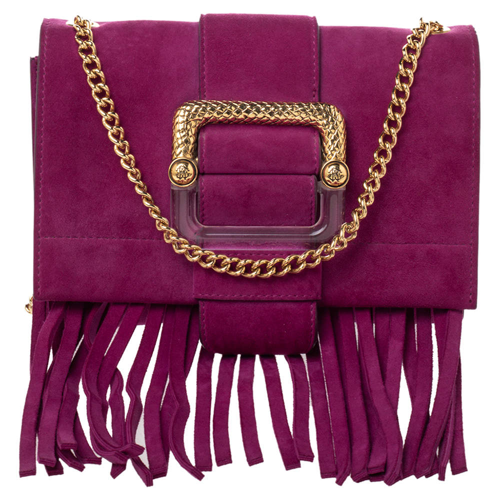 Pre Owned حقيبة كتف روبرتو كافالي سويدي وردي مزينة شراشيب ذات سلسلة