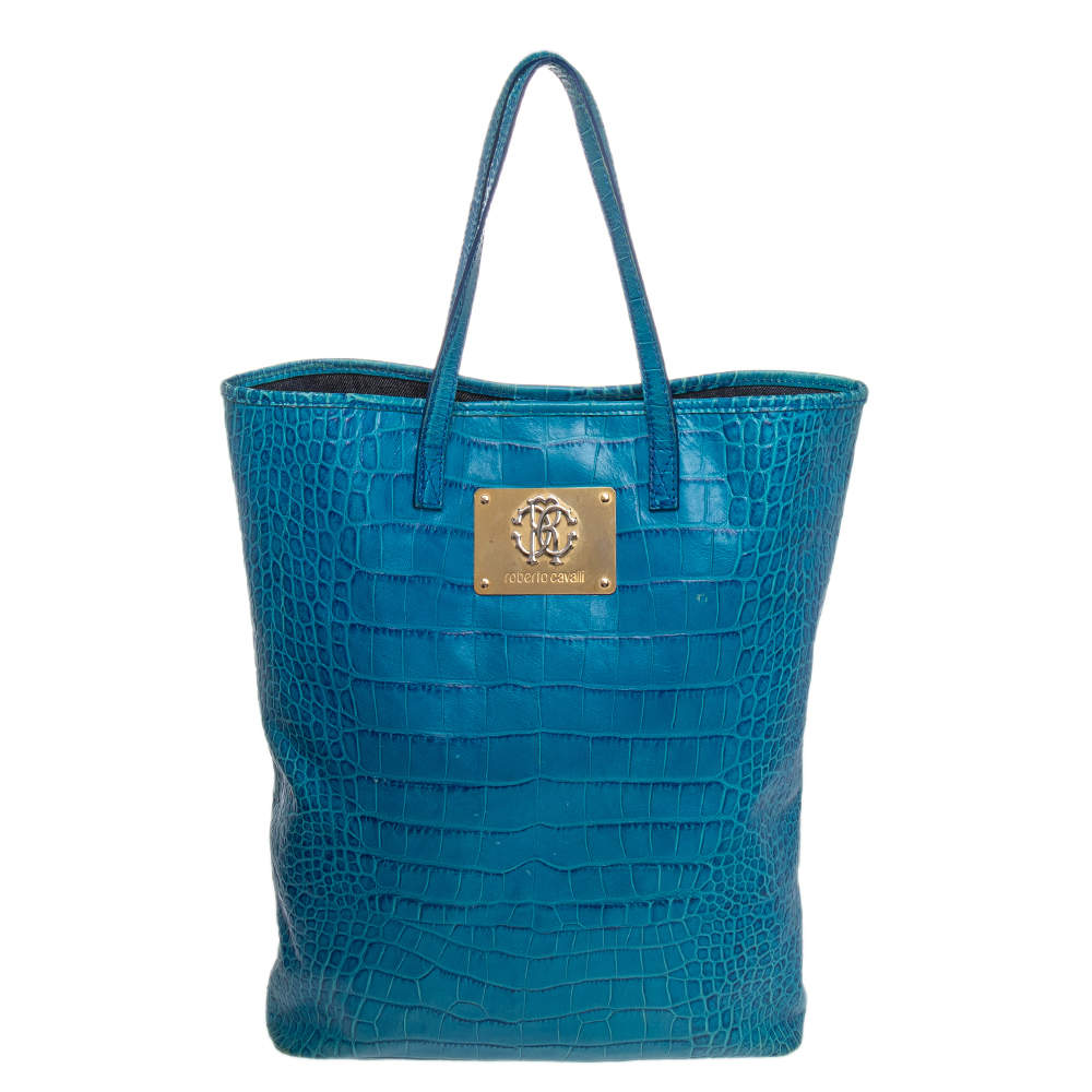 مملوكة مسبقًا حقيبة يد توتس روبرتو كافالي تشوبر جلد بنقشة التمساح أزرق