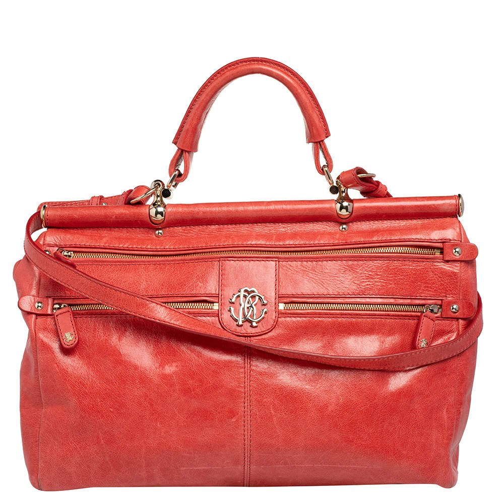 Roberto Cavalli Orange Leather Multiple Pocket Top Handle Bag