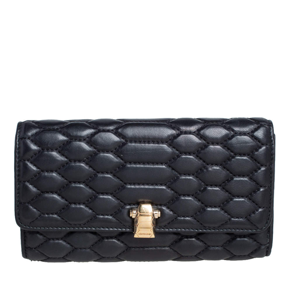 Pre Owned Roberto Cavalli Black Quilted Leather Flap Continental Wallet