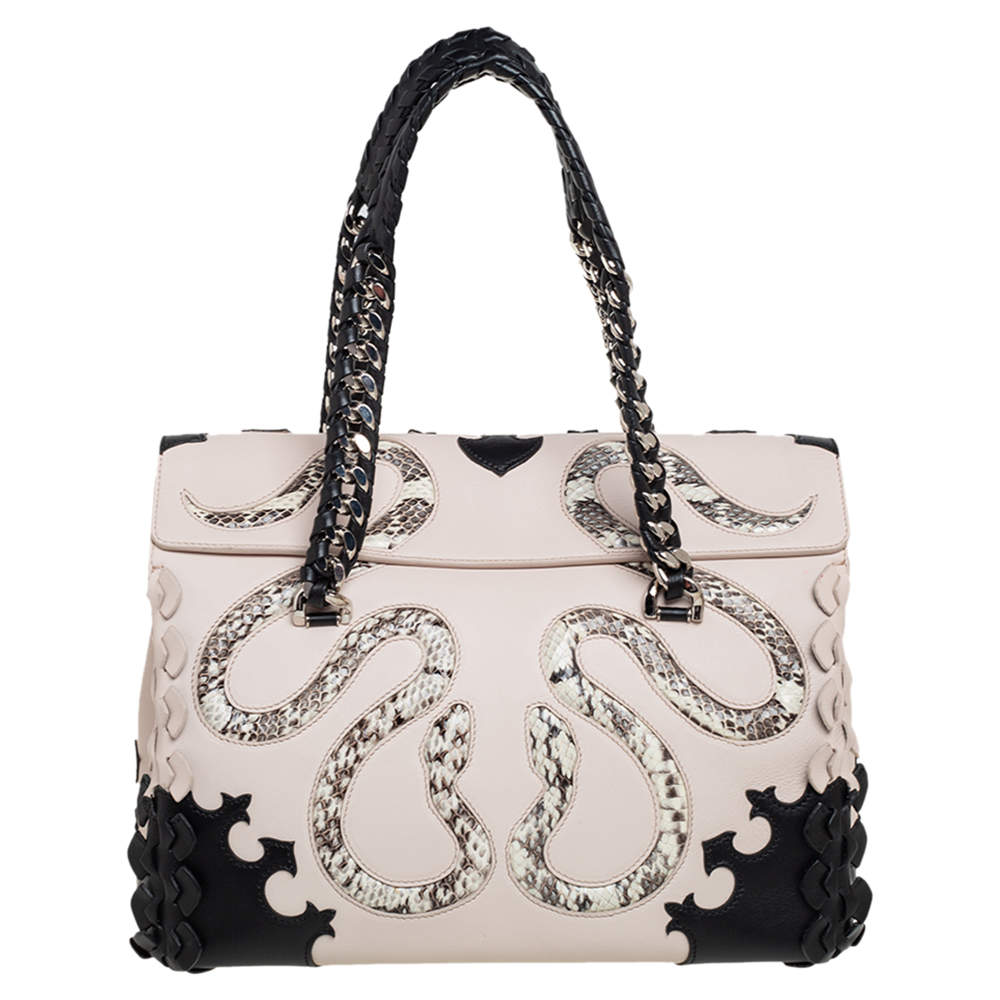 Pre Owned Roberto Cavalli Black/Beige Leather and Python Cut Out Flap Tote