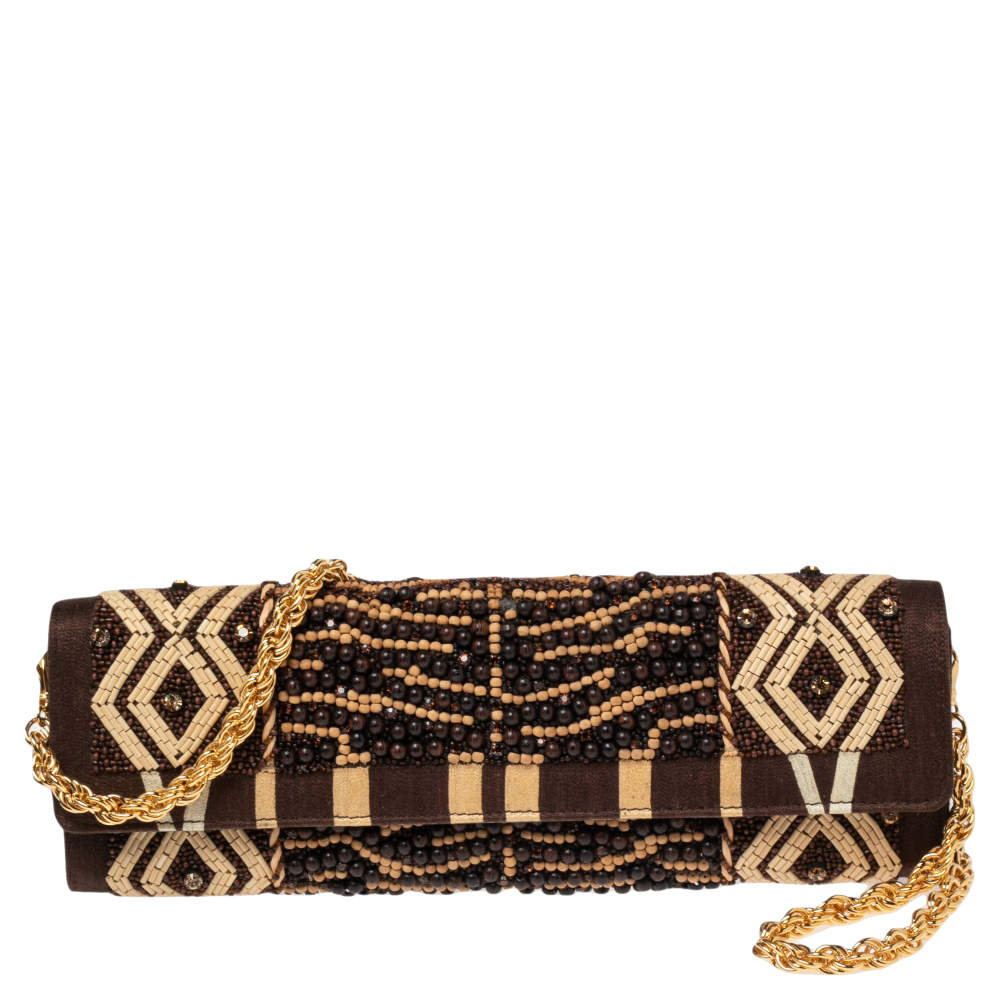 Pre Owned Roberto Cavalli Brown Fabric Beads Embellished Chain Clutch