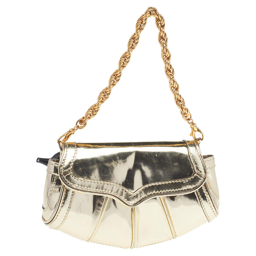Pre Owned حقيبة يد صغيرة روبرتو كافالي سلسلة جلد لامع ذهبي ميتالك