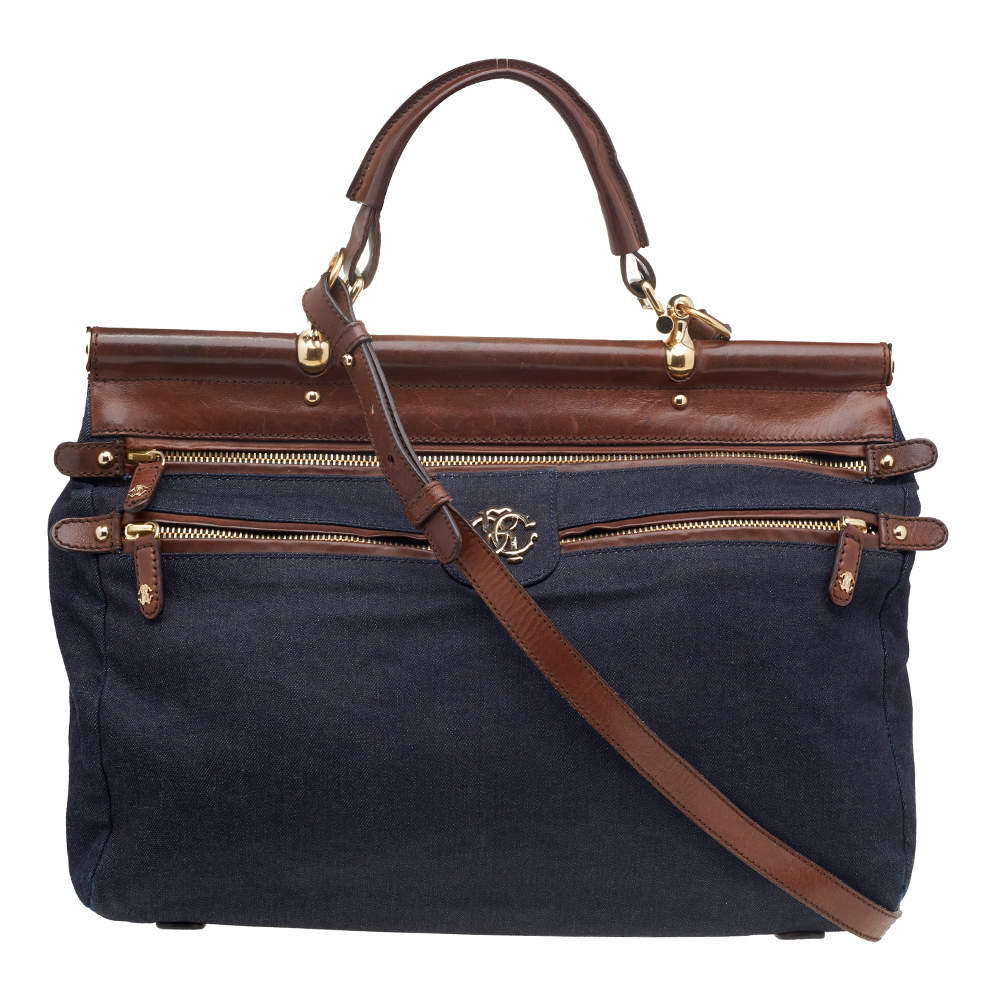 Pre Owned Roberto Cavalli Navy-Blue, Brown Denim And Leather Top Handle Bag