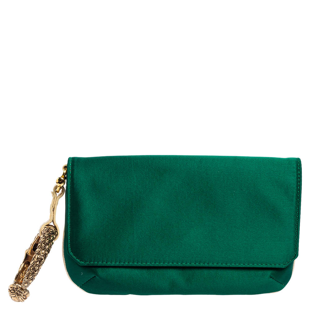 مملوكة مسبقًا Roberto Cavalli Green Satin Serpent Wristlet Clutch
