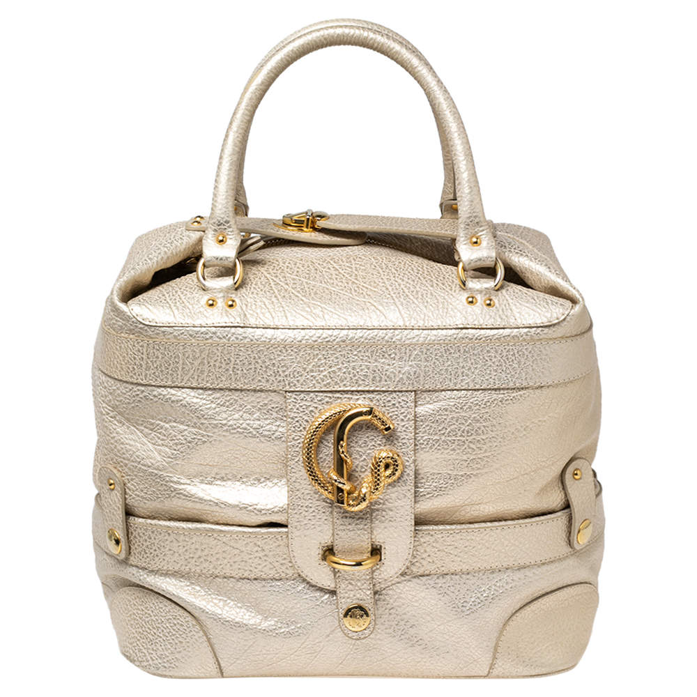 Pre Owned Roberto Cavalli Metallic Cream/Gold Leather Expandable Tote