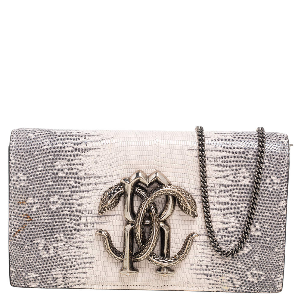 Pre Owned حقيبة كلتش روبرتو كافالي جلد نقشة الثعبان رصاصي/كريمي بسلسلة