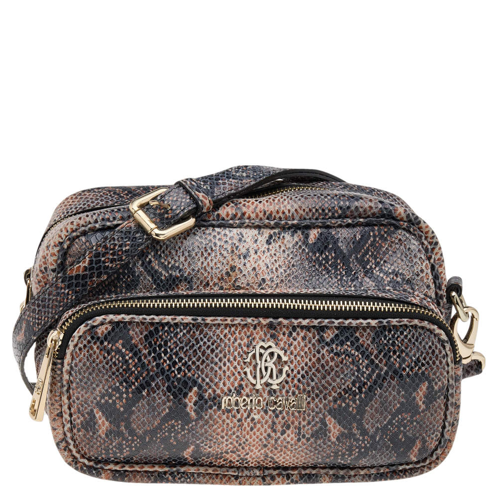 مملوكة مسبقًا Roberto Cavalli Black/Brown Python Embossed Leather Shoulder Bag