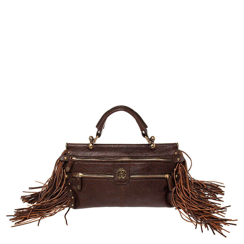 Pre Owned Roberto Cavalli Brown Leather Fringe Multiple Pocket Top Handle Bag