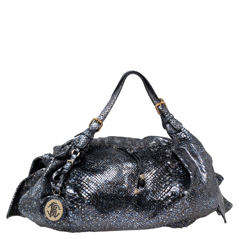 Pre Owned Roberto Cavalli Metallic Blue/Black Python Bow Drawstring Hobo