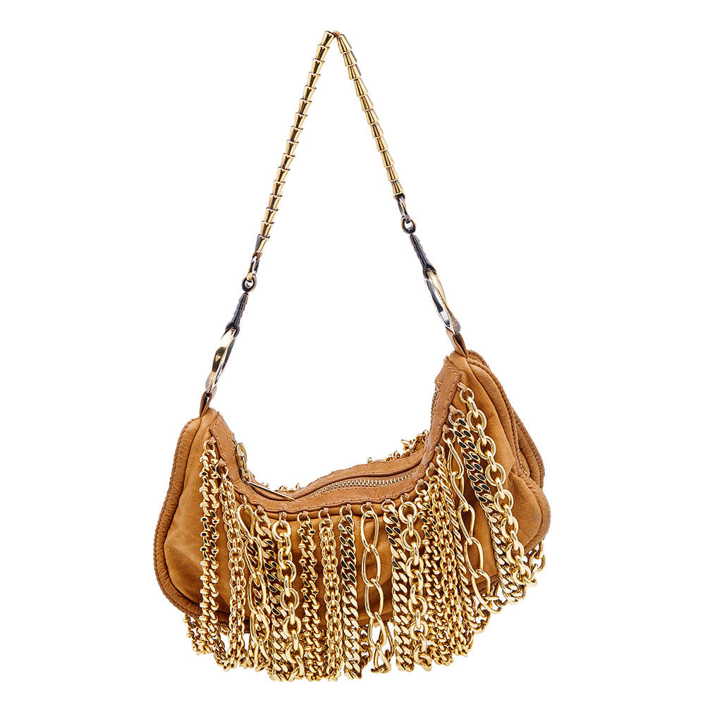 Pre Owned Roberto Cavalli Brown Leather Chain Link Baguette