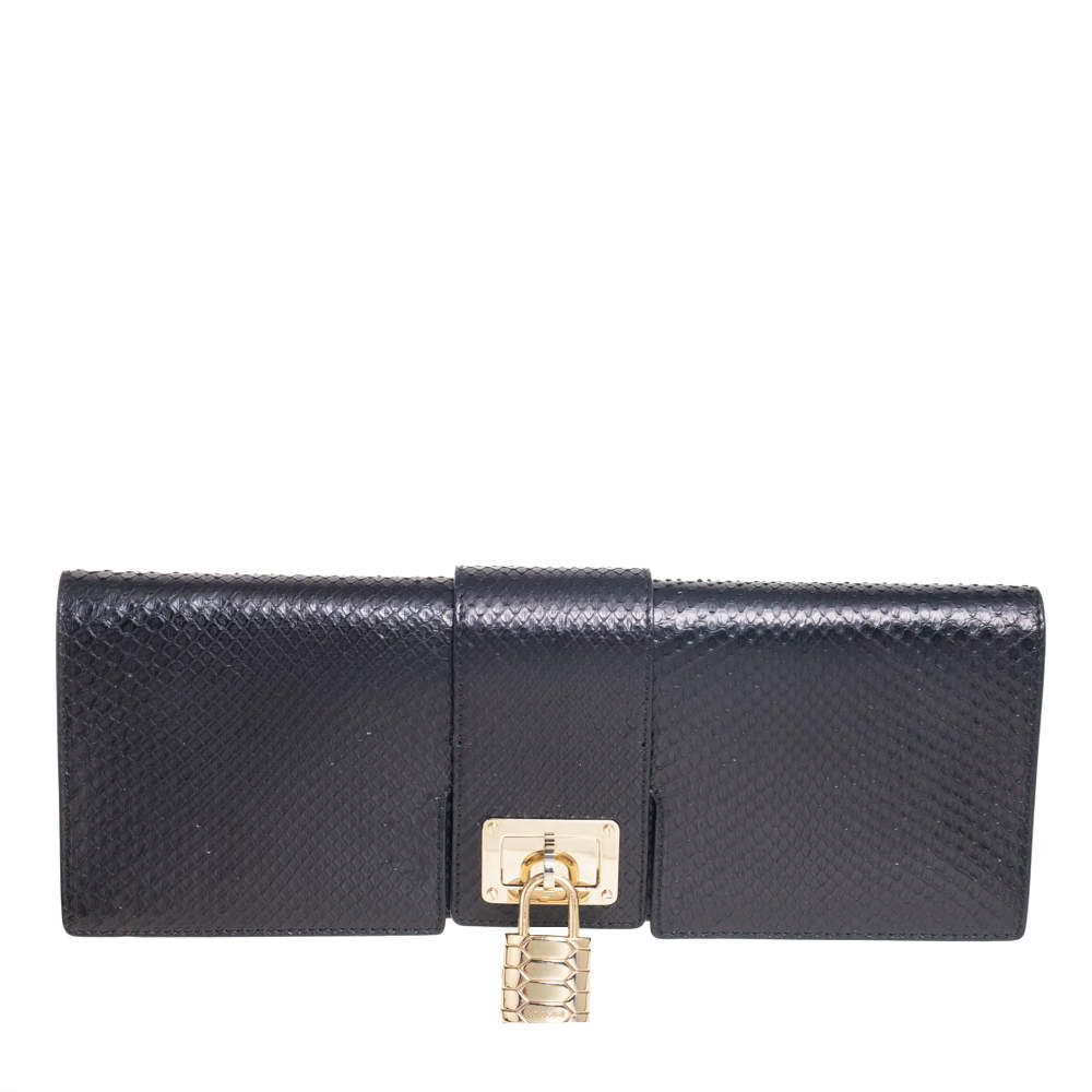 Pre Owned Roberto Cavalli Black Python Padlock Embellished Clutch