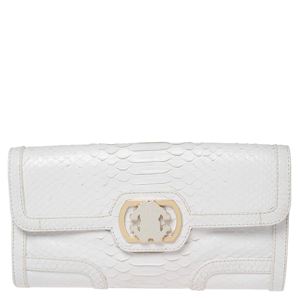 Pre Owned حقيبة كلتش روبرتو كافالي  جلد ثعبان بيضاء بالشعار