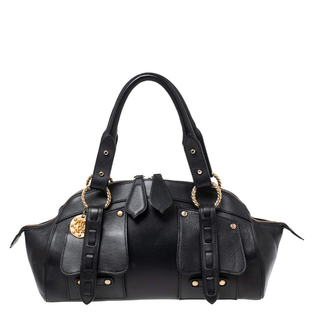Pre Owned Roberto Cavalli Black Leather Front Pocket Satchel