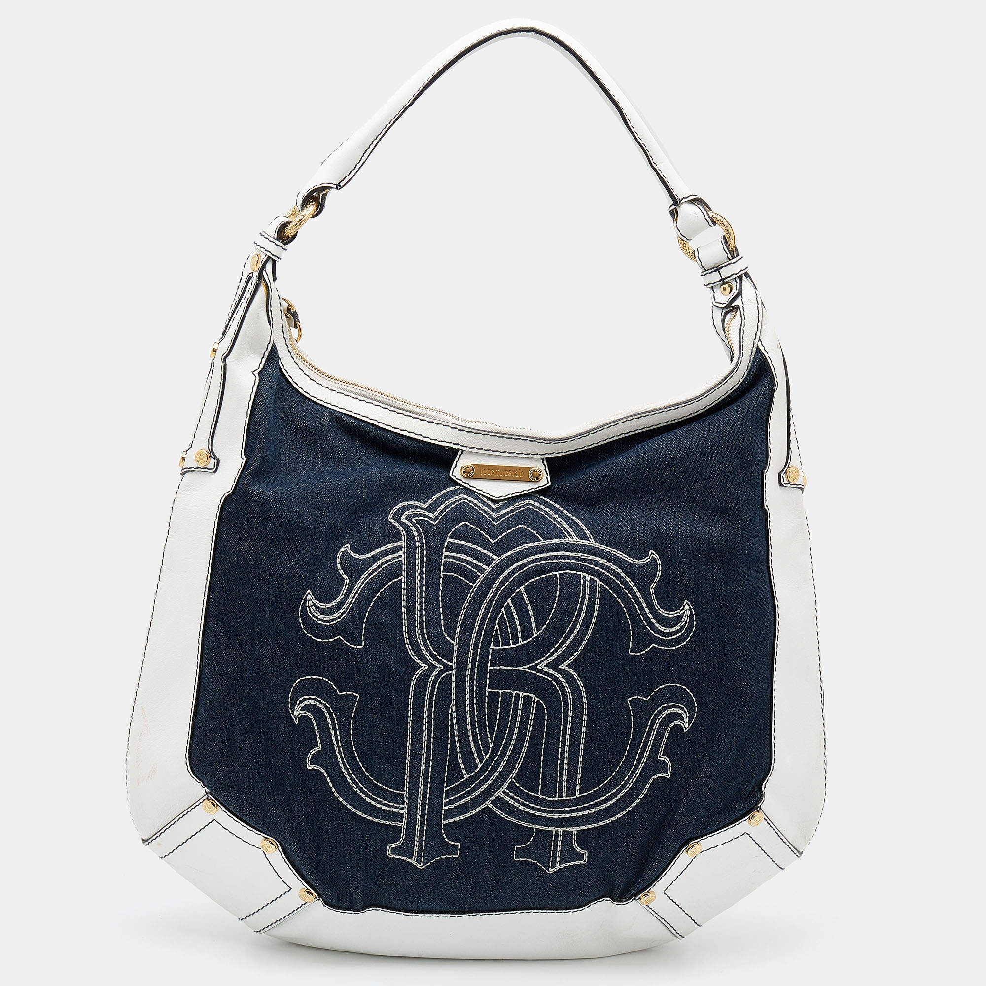 Pre Owned Roberto Cavalli White/Navy Blue Leather And Denim Logo Hobo