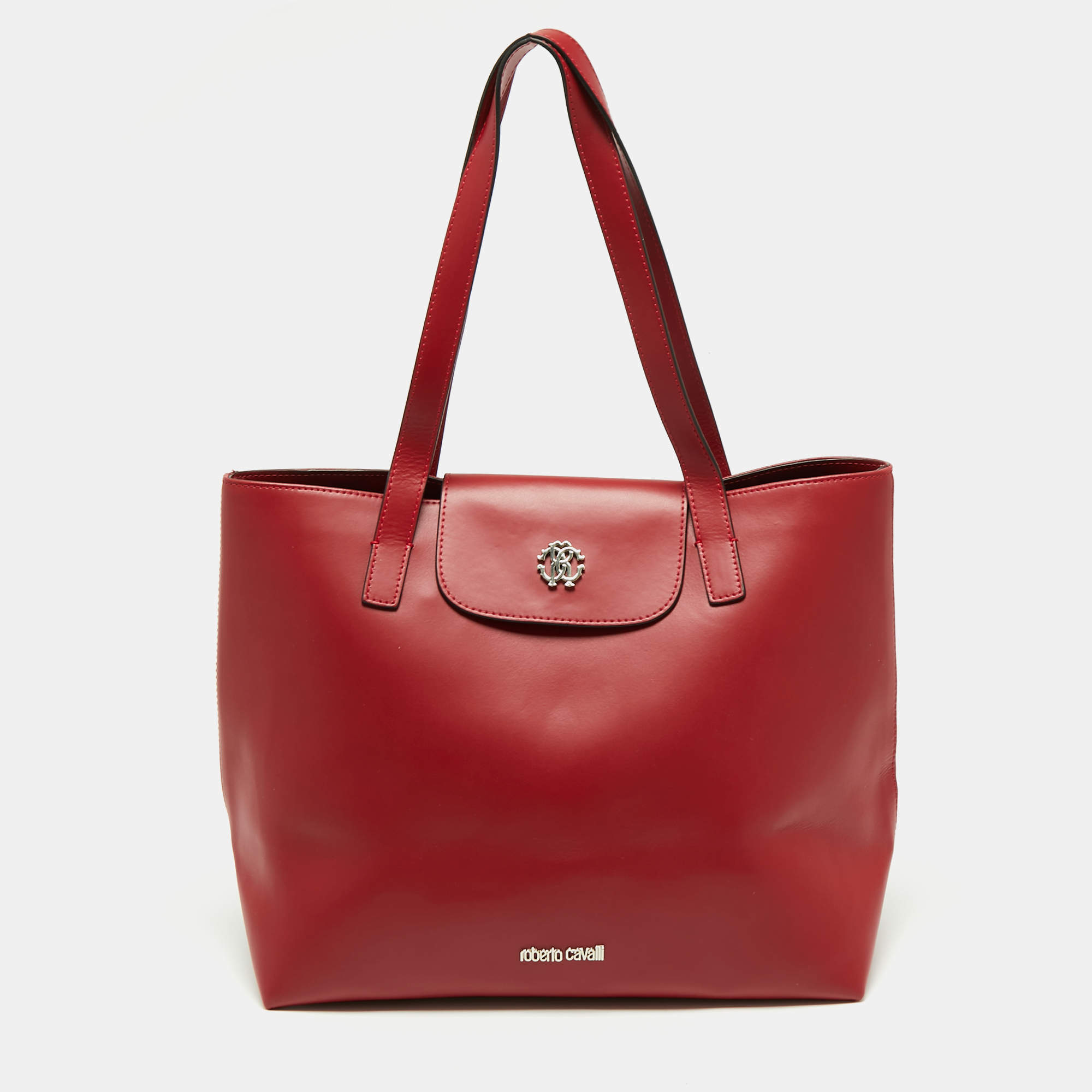مملوكة مسبقًا حقيبة يد توتس روبرتو كافالي شوبر  جلد أحمر بالشعار وقلاب 
