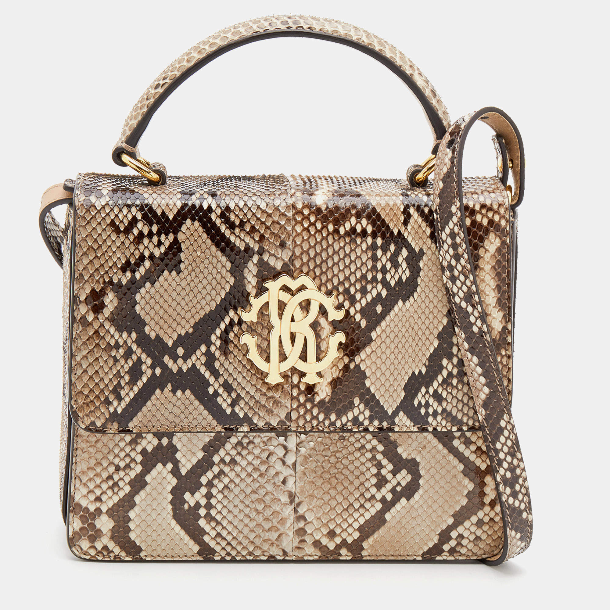 Roberto Cavalli Brown/Beige Python Top Handle Bag