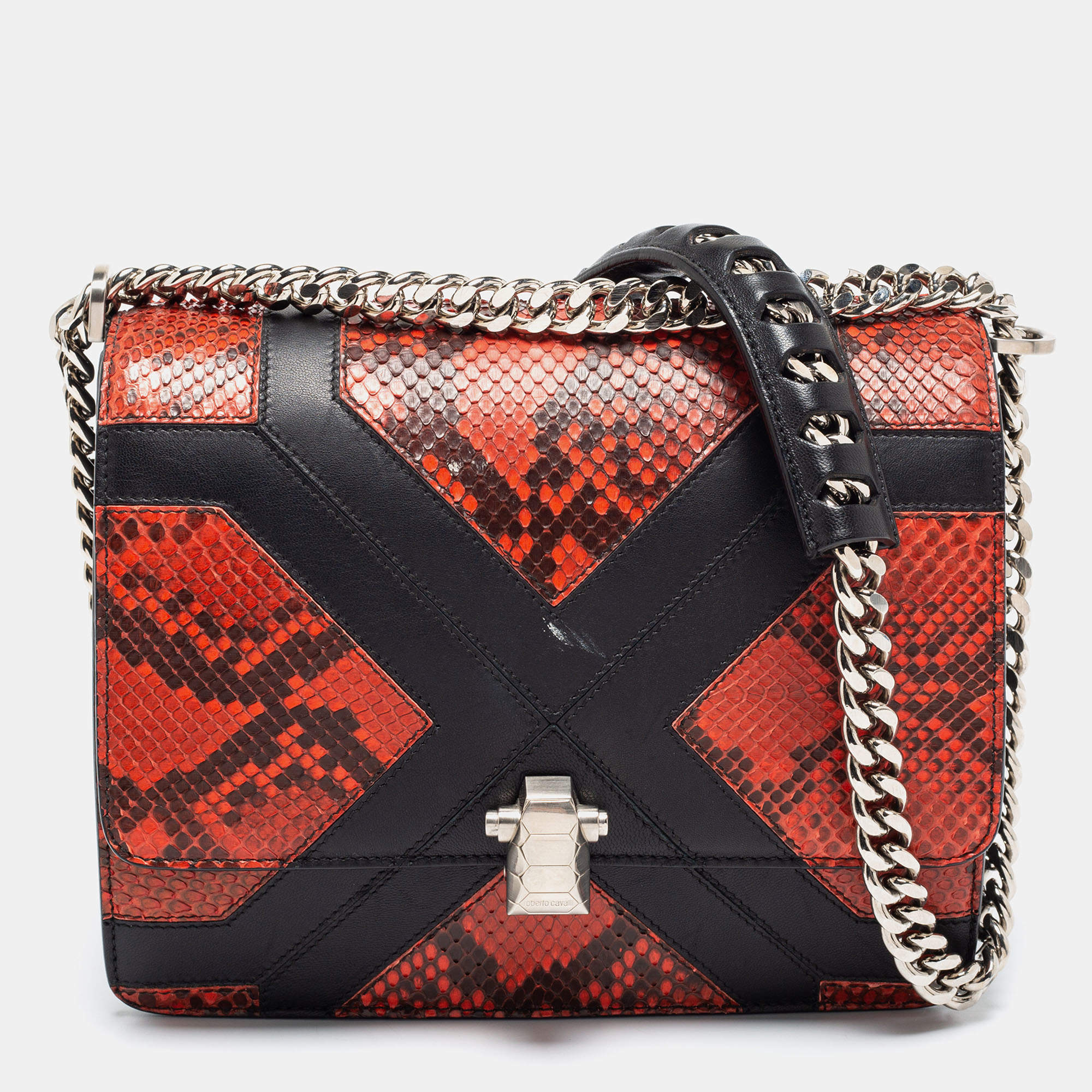 مملوكة مسبقًا حقيبة كتف روبرتو كافالي هيرا جلد وجلد ثعبان أسود/ بني صدئي