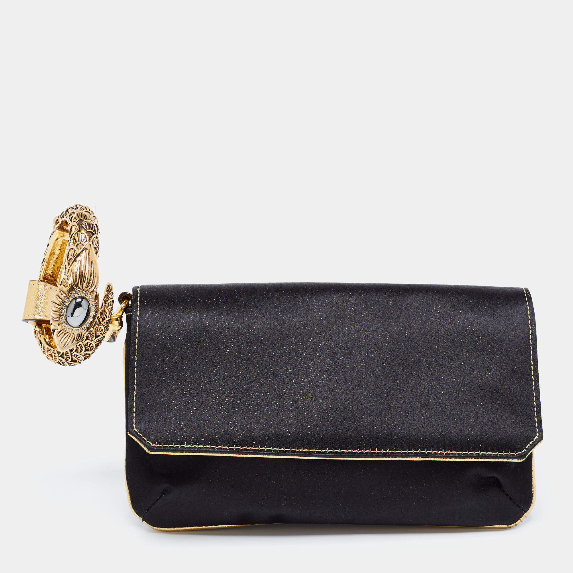 مملوكة مسبقًا Roberto Cavalli Black Satin Serpent Bracelet Clutch