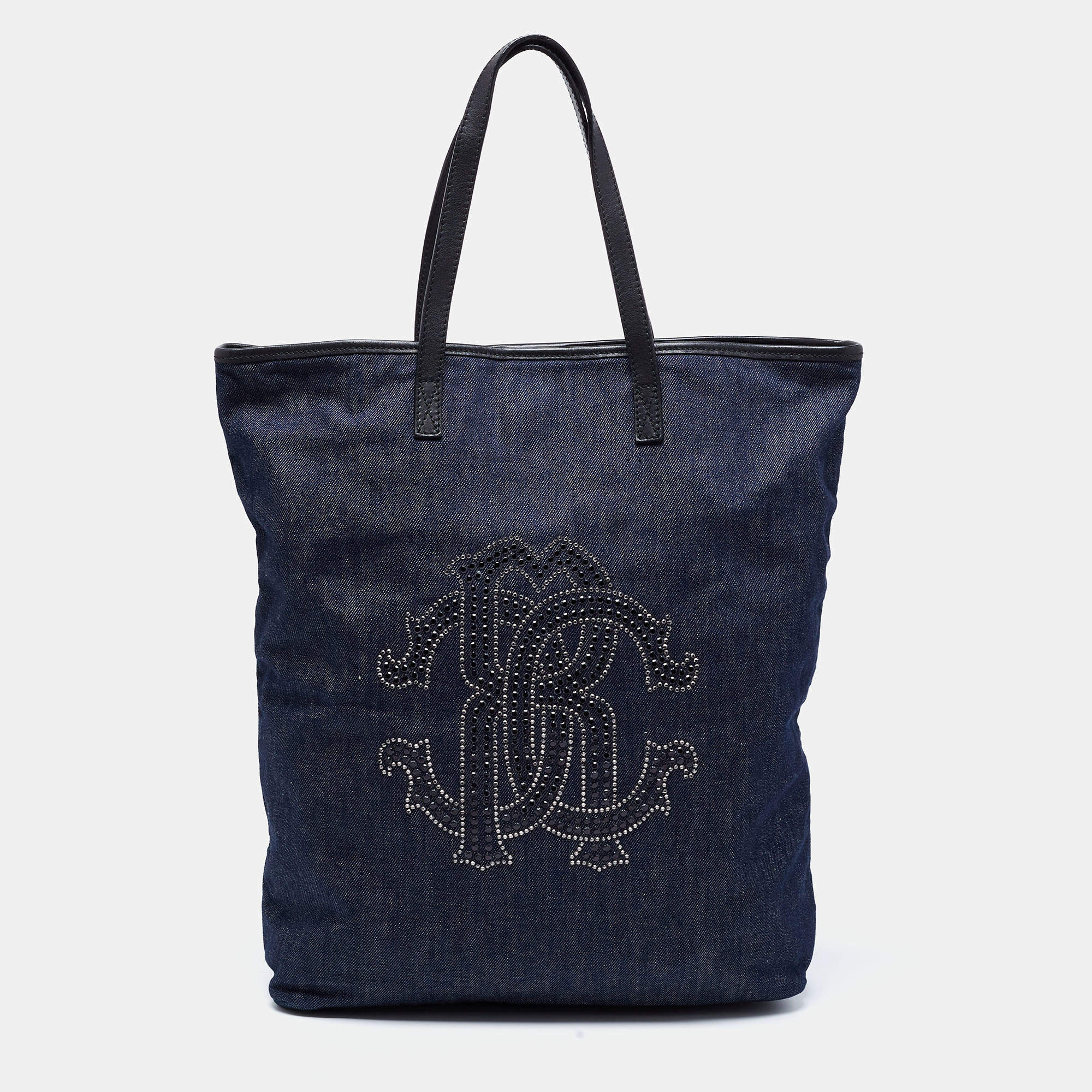 Roberto Cavalli Navy Blue Denim Studded Logo Tote