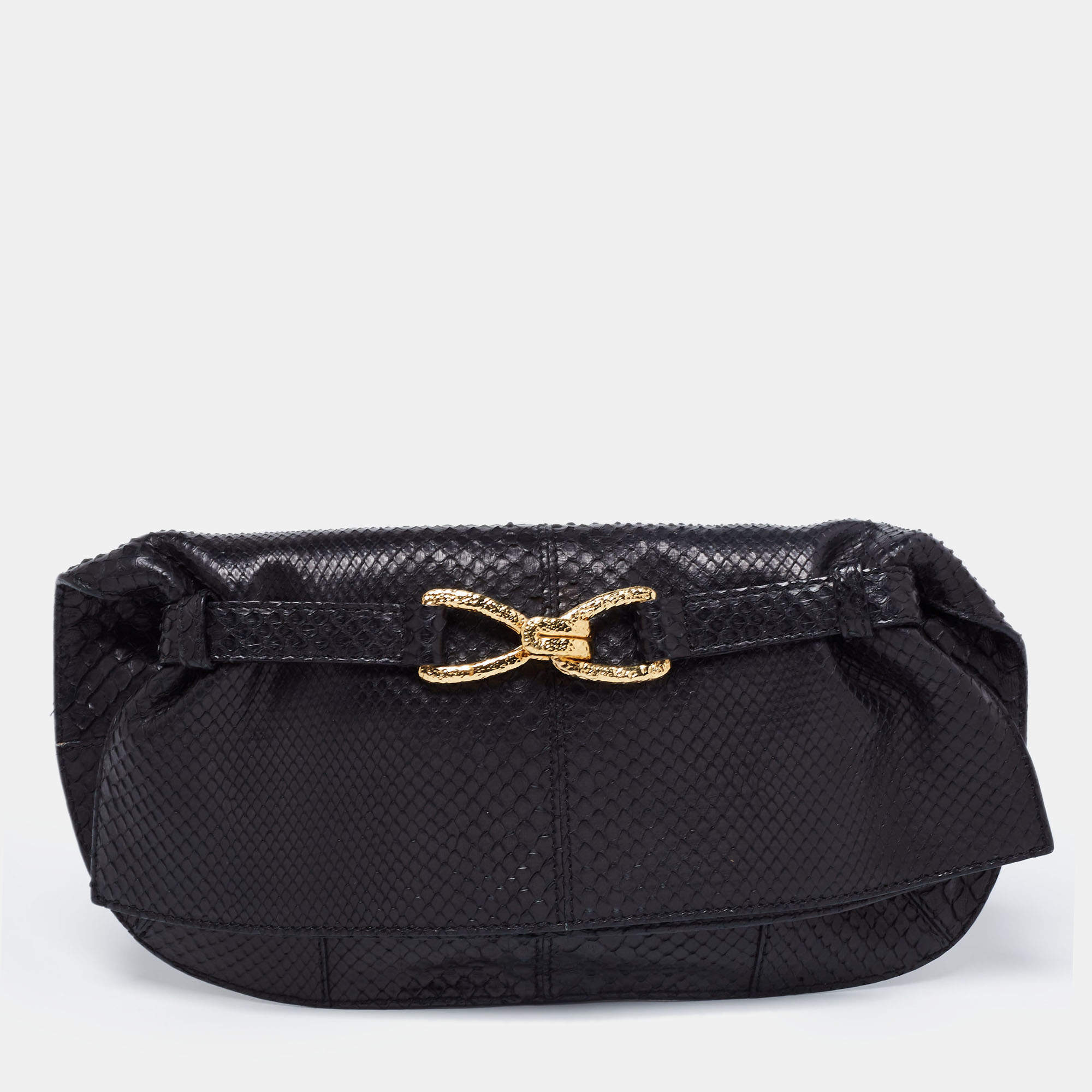 Roberto Cavalli Black Python Fold Over Clutch