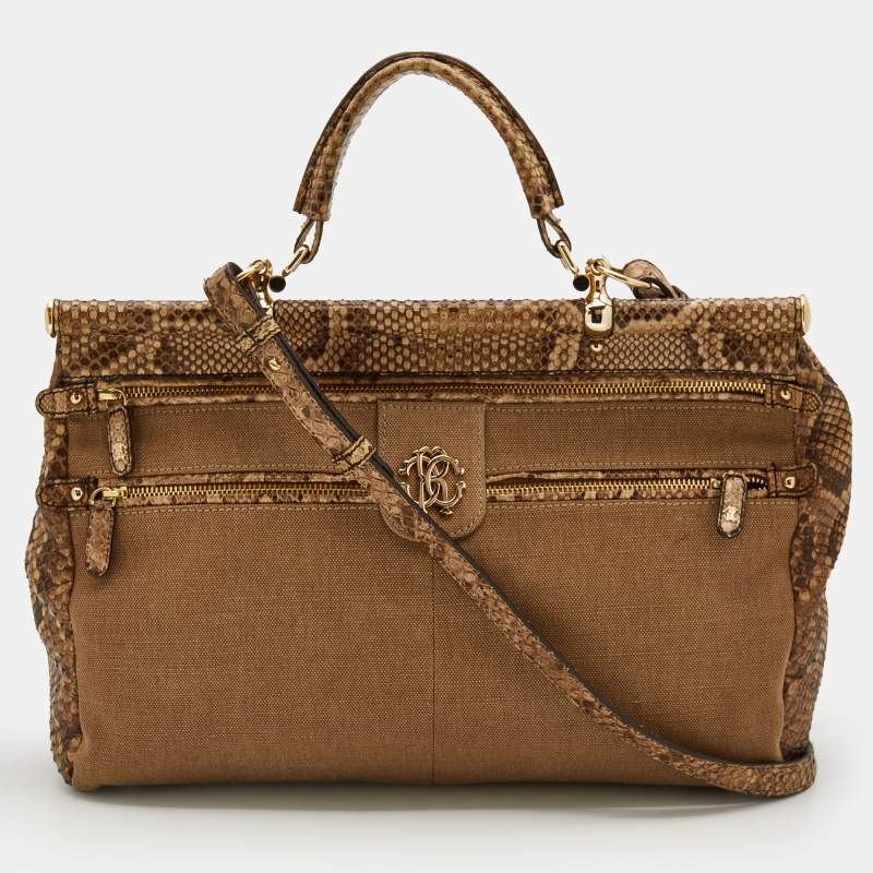 Roberto Cavalli Brown/Beige Canvas And Python Top Handle Bag