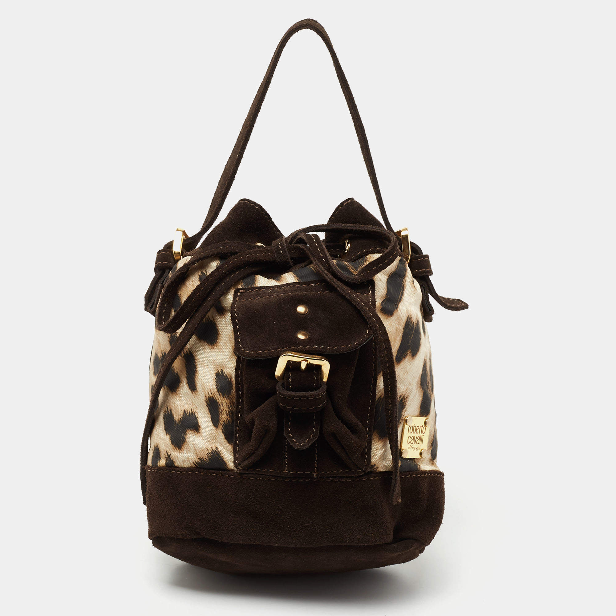 Pre Owned Roberto Cavalli Brown Leopard Print Fabric And Suede Mini Bucket Bag