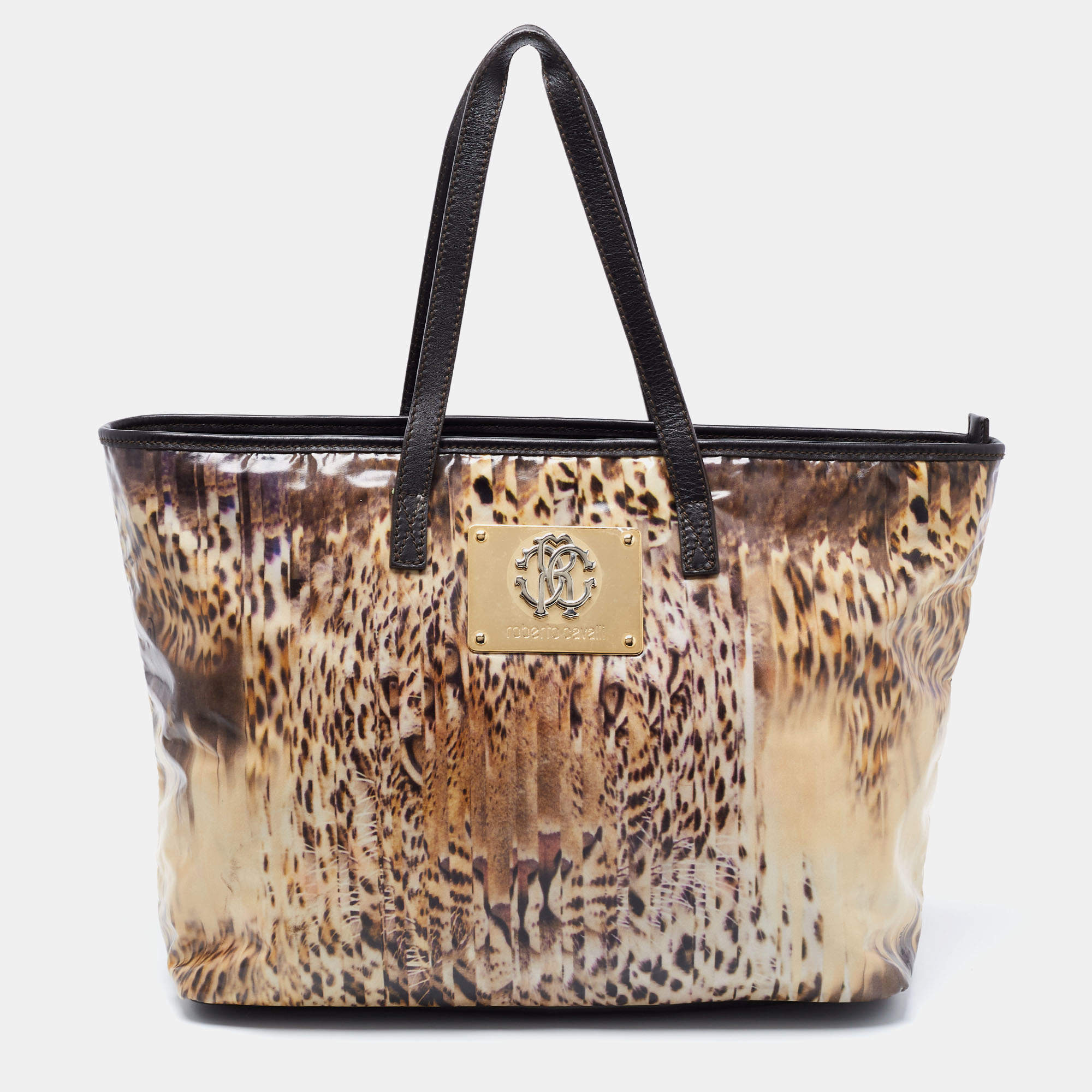 Pre Owned Roberto Cavalli Beige/Black  Printed Coated Canvas And Leather Tote