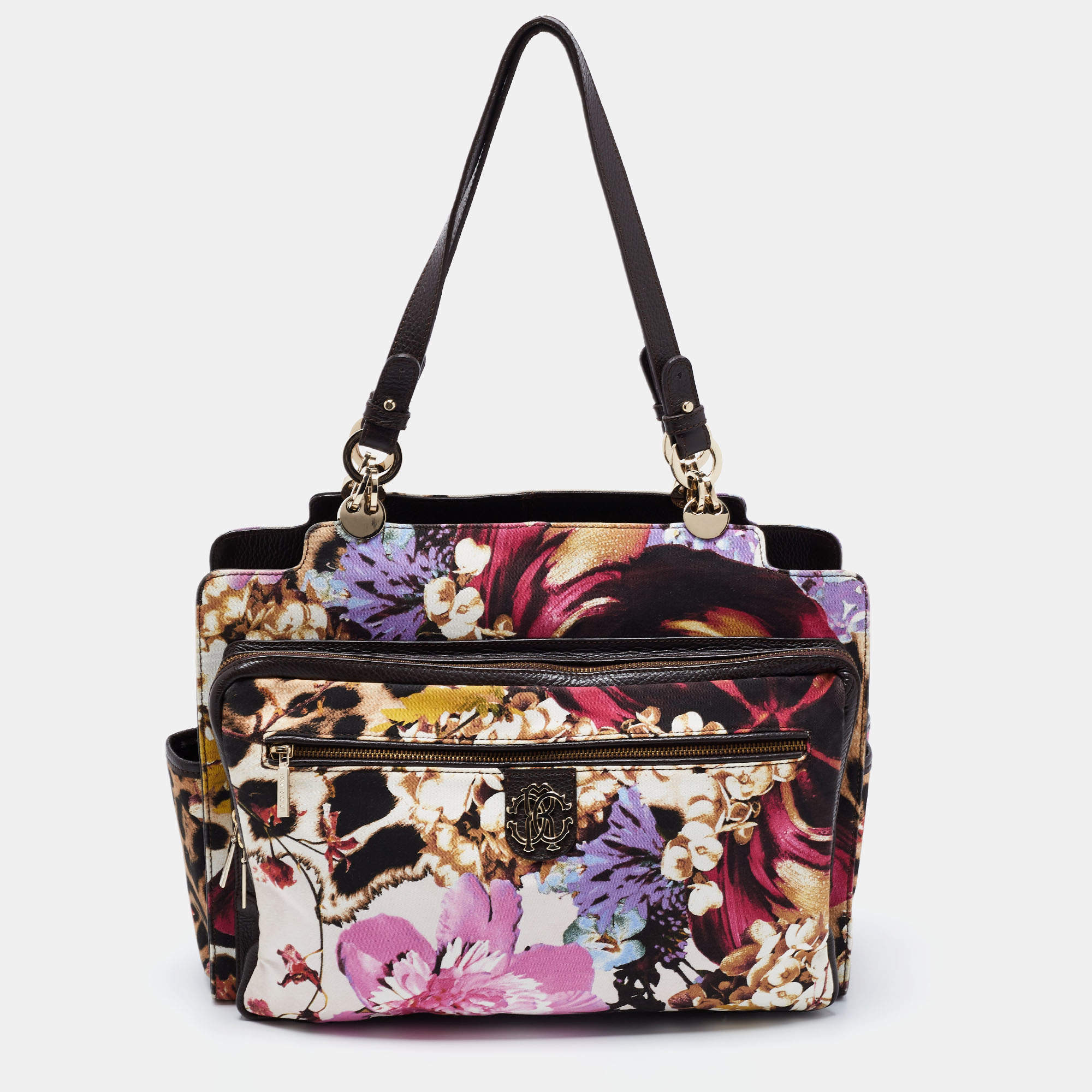 Roberto Cavalli Multicolor Floral Print Fabric and Leather Tote