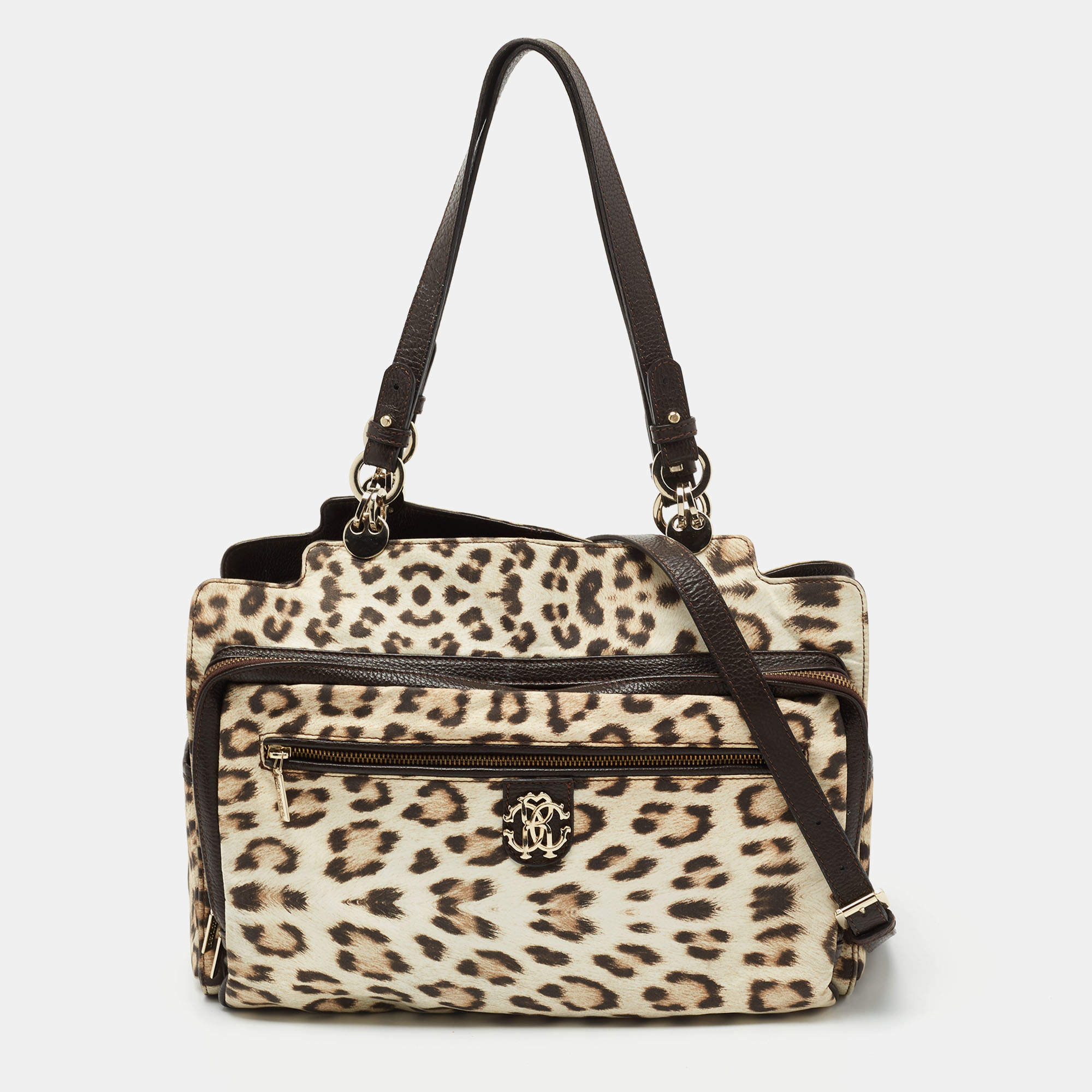 Roberto Cavalli Brown/Beige Leopard Satin and Leather Tote