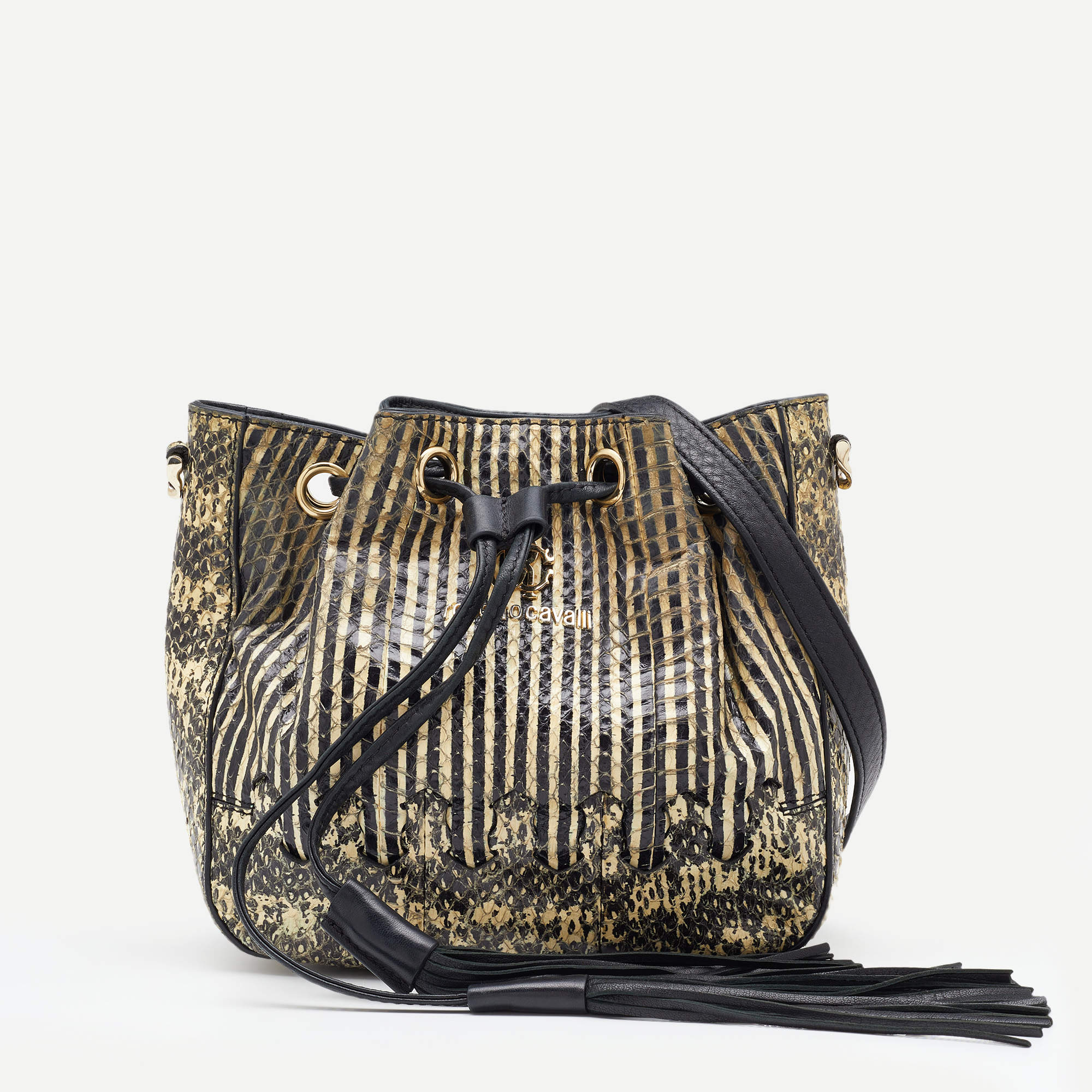 Pre Owned Roberto Cavalli Black/Cream Snakeskin Leather Bucket Bag