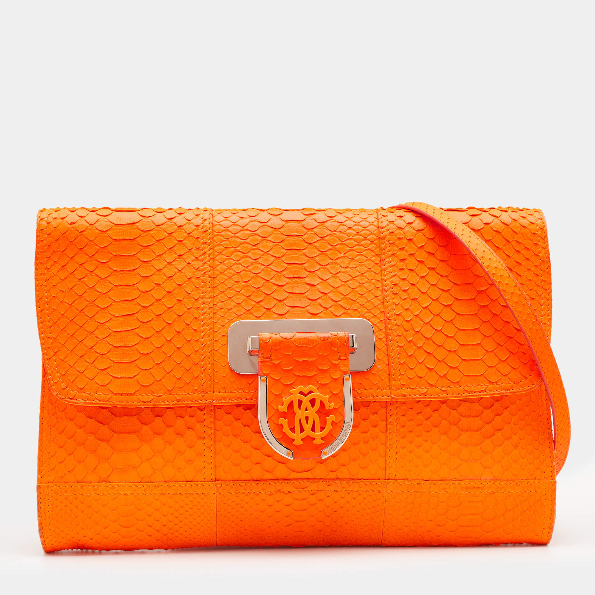 Roberto Cavalli Neon Orange Python Leather Ambition Flap Clutch