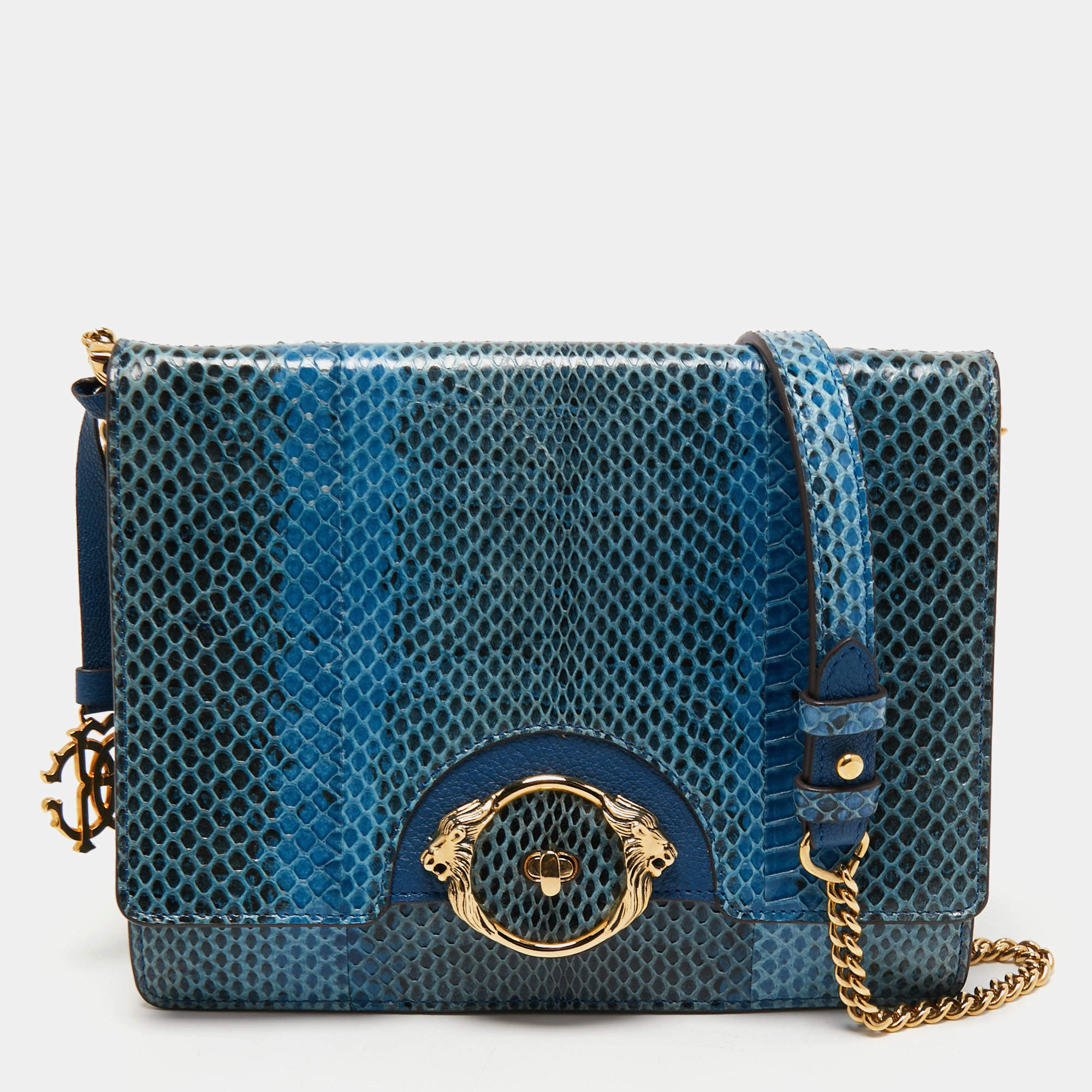 Pre Owned Roberto Cavalli Blue Watersnake Leather Lion Head Flap Shoulder Bag